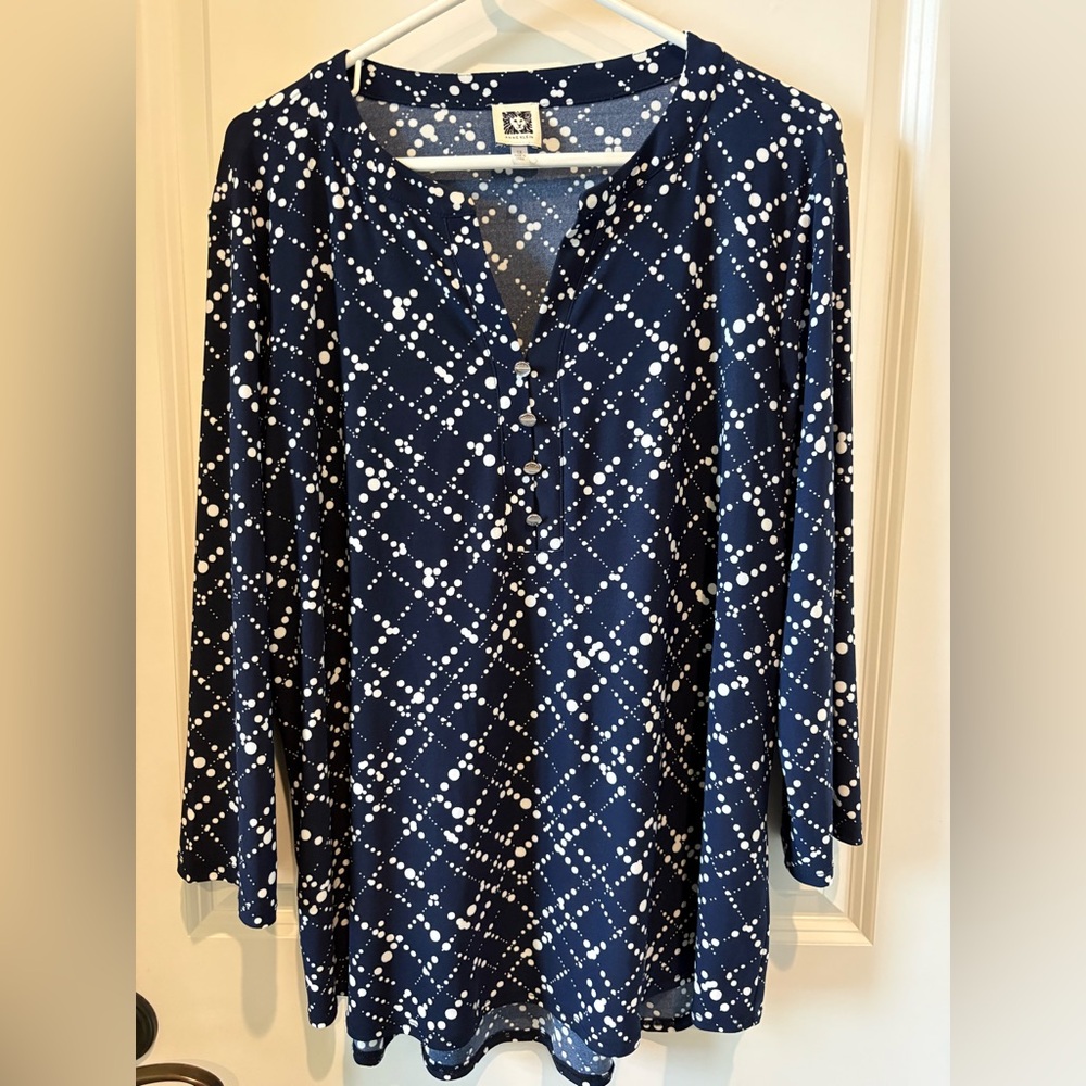 Anne Klein Navy Long Sleeve V-Neck Dot Lattice Top